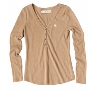 Abercrombie & Fitch Womens Ribbed Henley V-Neck Tan Medium Y2K Babydoll